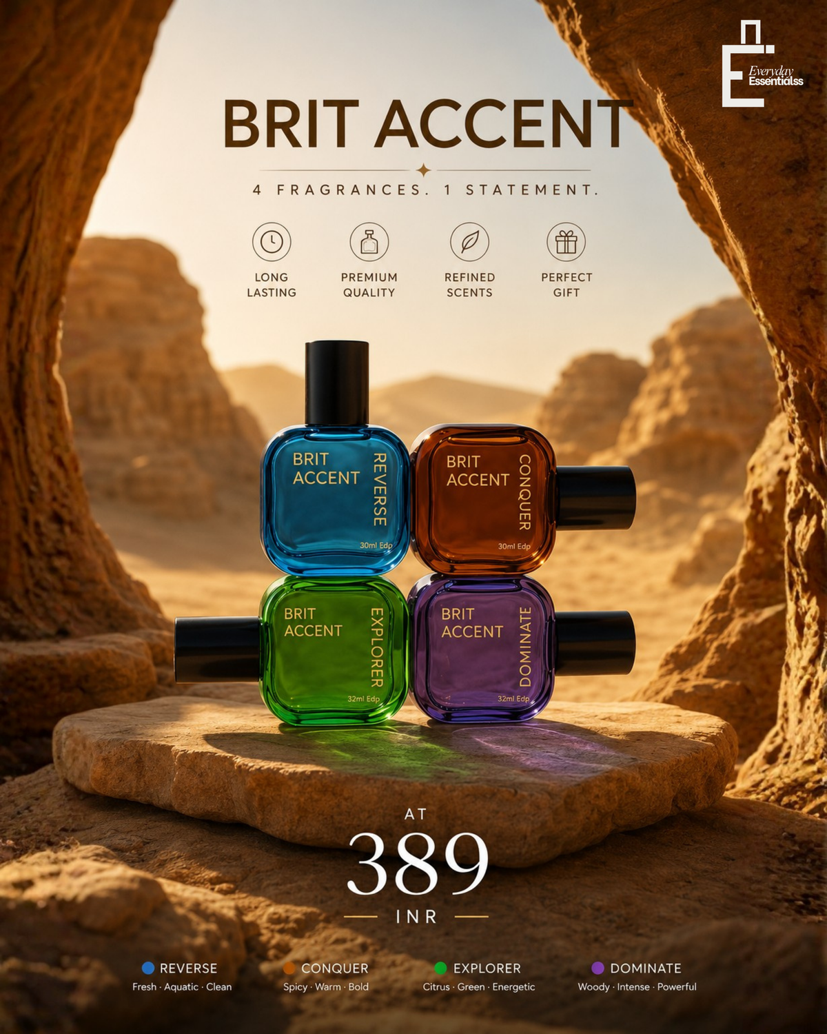 BRIT ACCENT Luxury Perfume Gift Set for Men – Pack of 4 Eau De Parfum | 80 ML